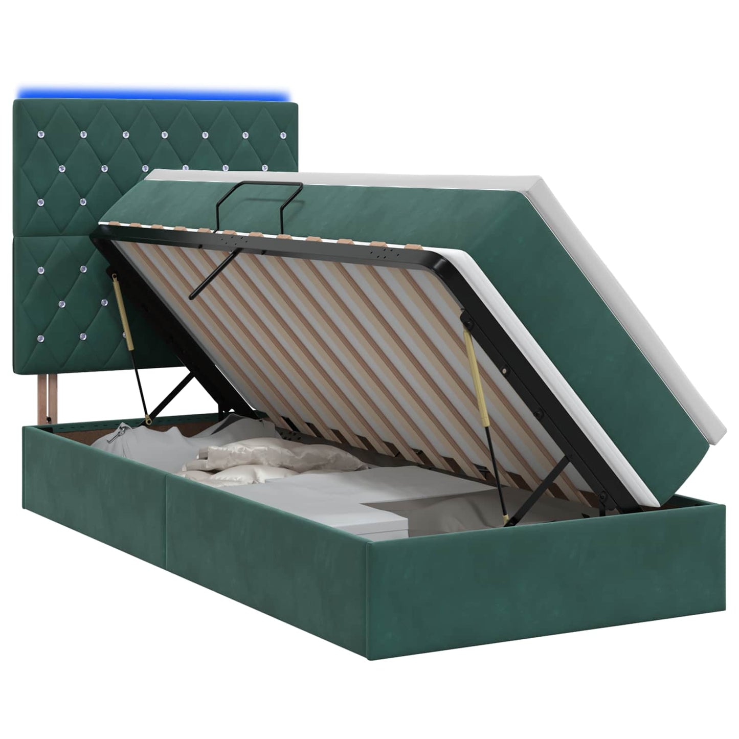 LED tárolós ágy matraccal Sötétzöld 90 x 200 cm Bársony