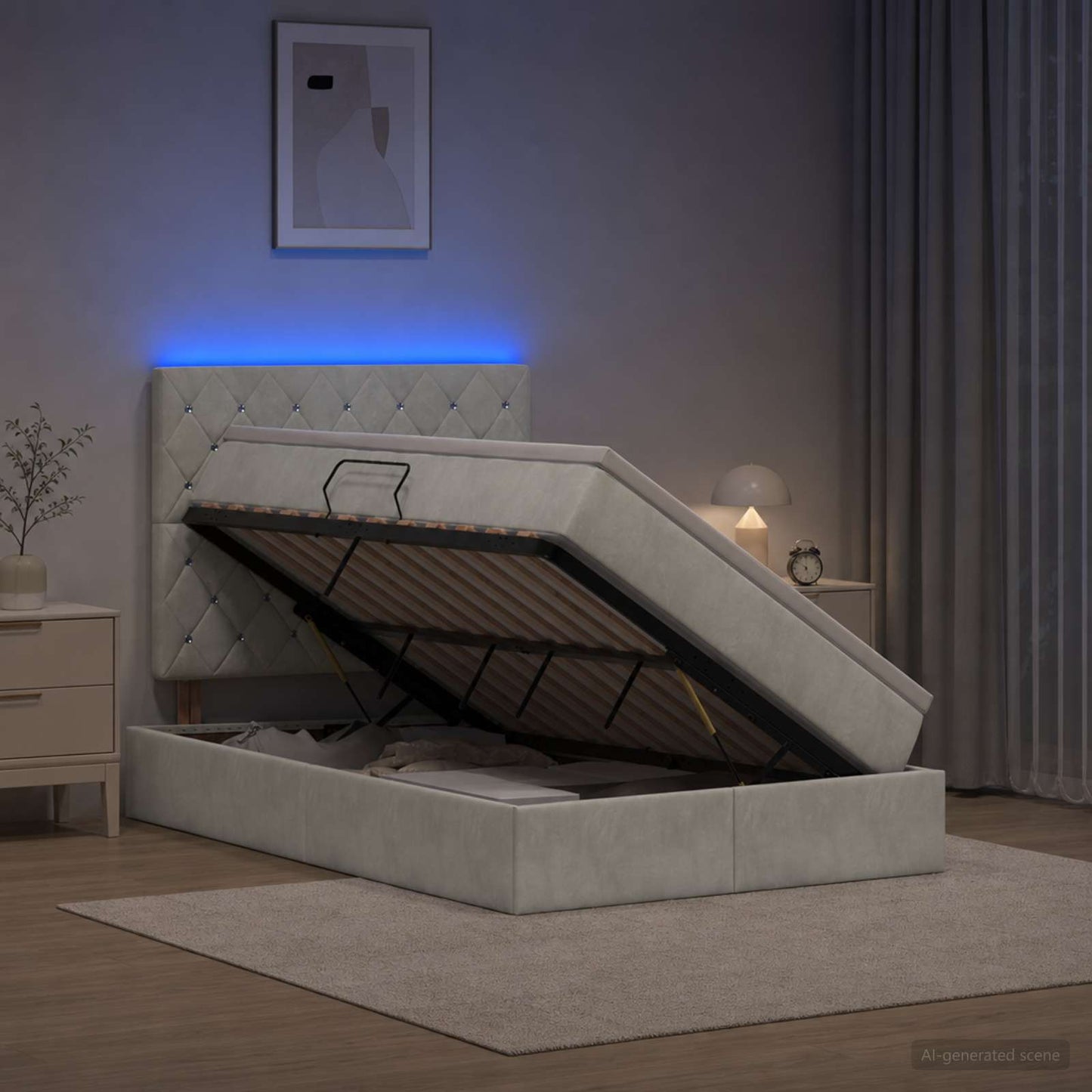LED tárolós ágy matraccal Világosszürke 120 x 200 cm Bársony