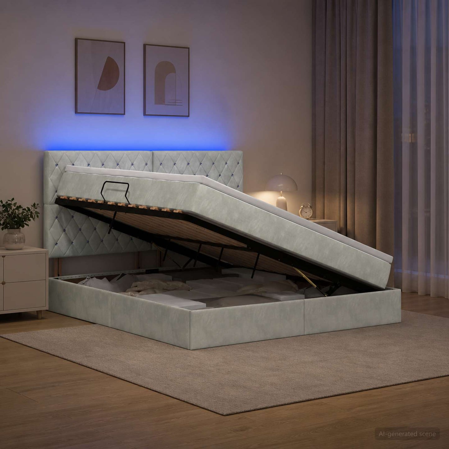 LED tárolós ágy matraccal Világosszürke 160 x 200 cm Bársony