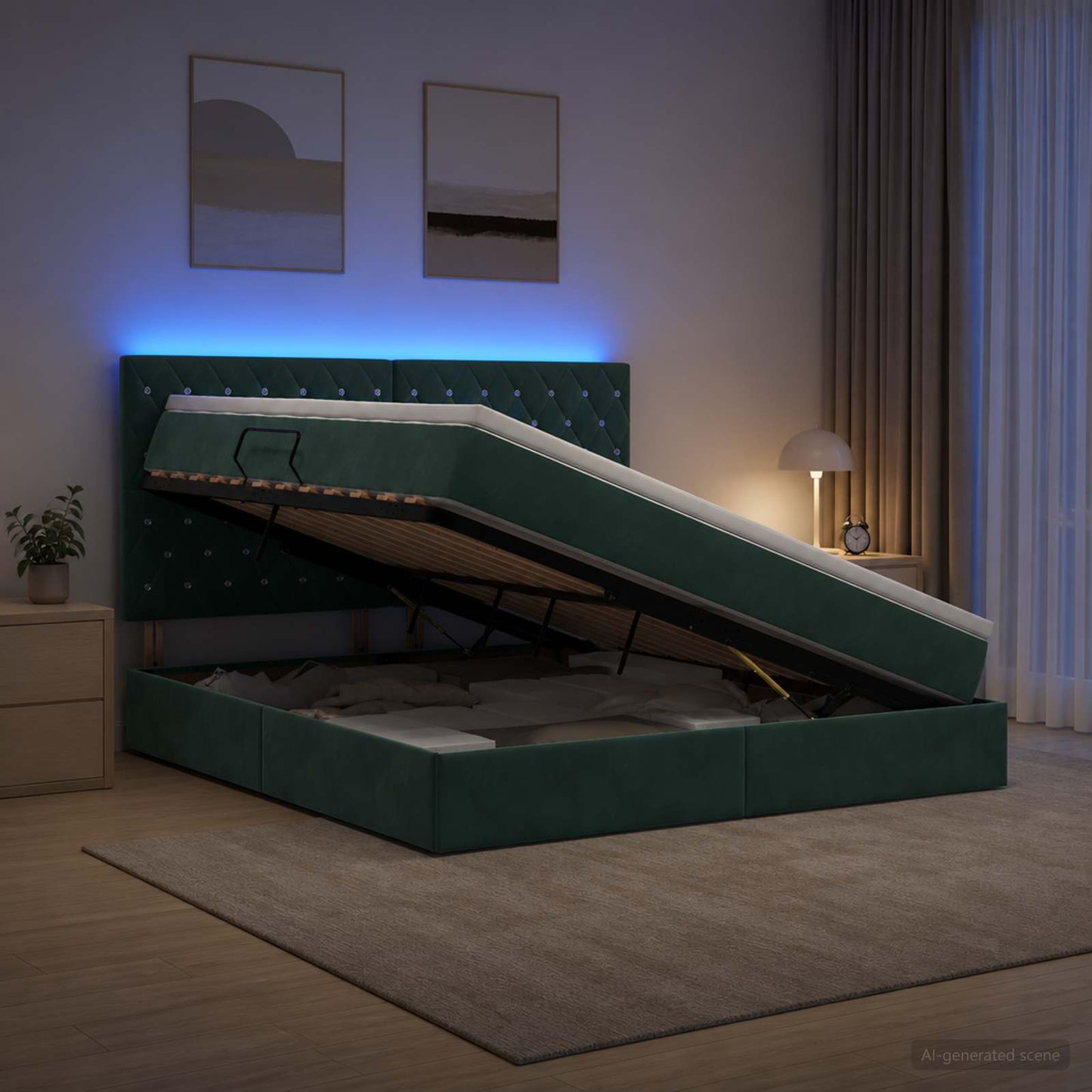LED tárolós ágy matraccal Sötétzöld 140 x 200 cm Bársony