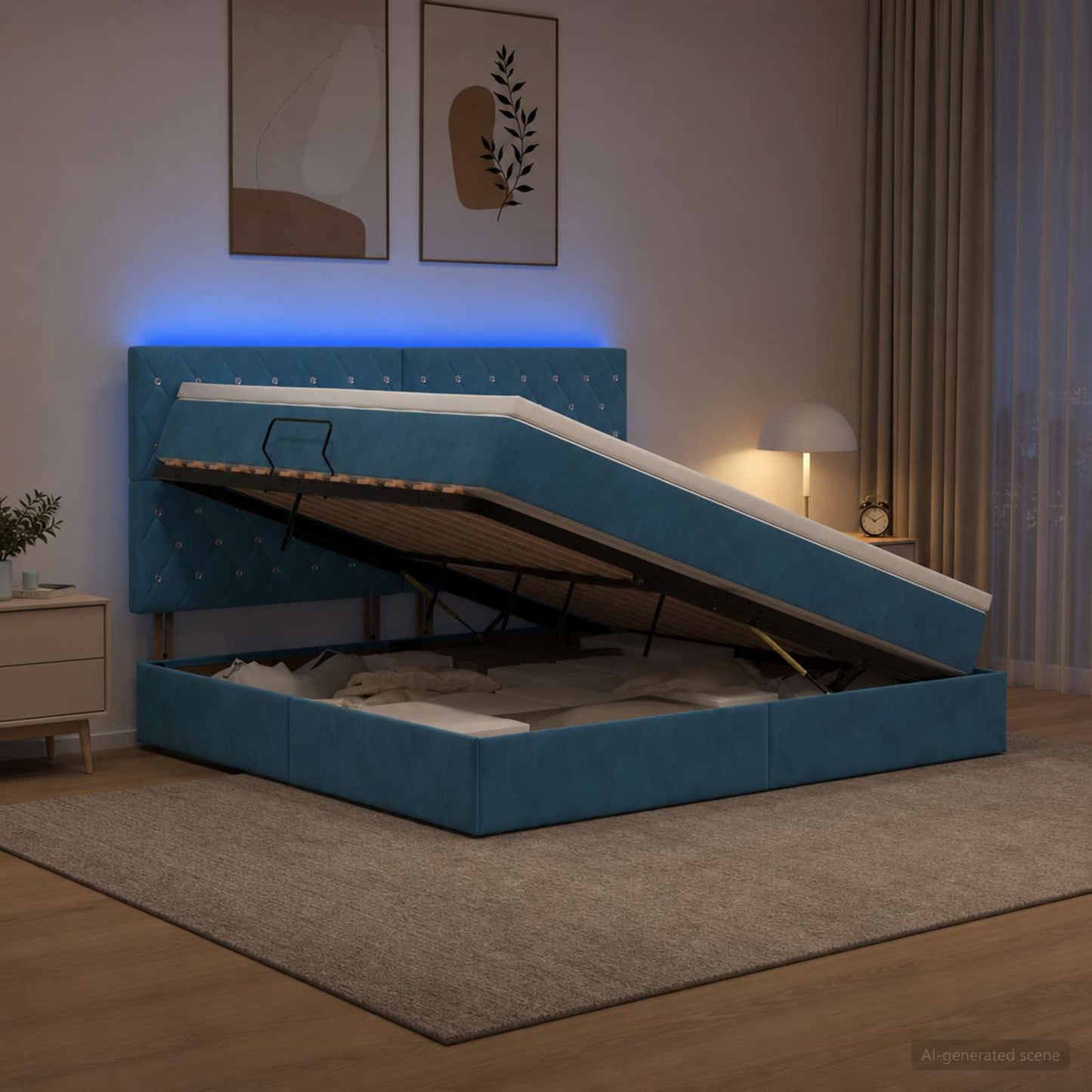LED tárolós ágy matraccal Sötét kék 180 x 200 cm Bársony