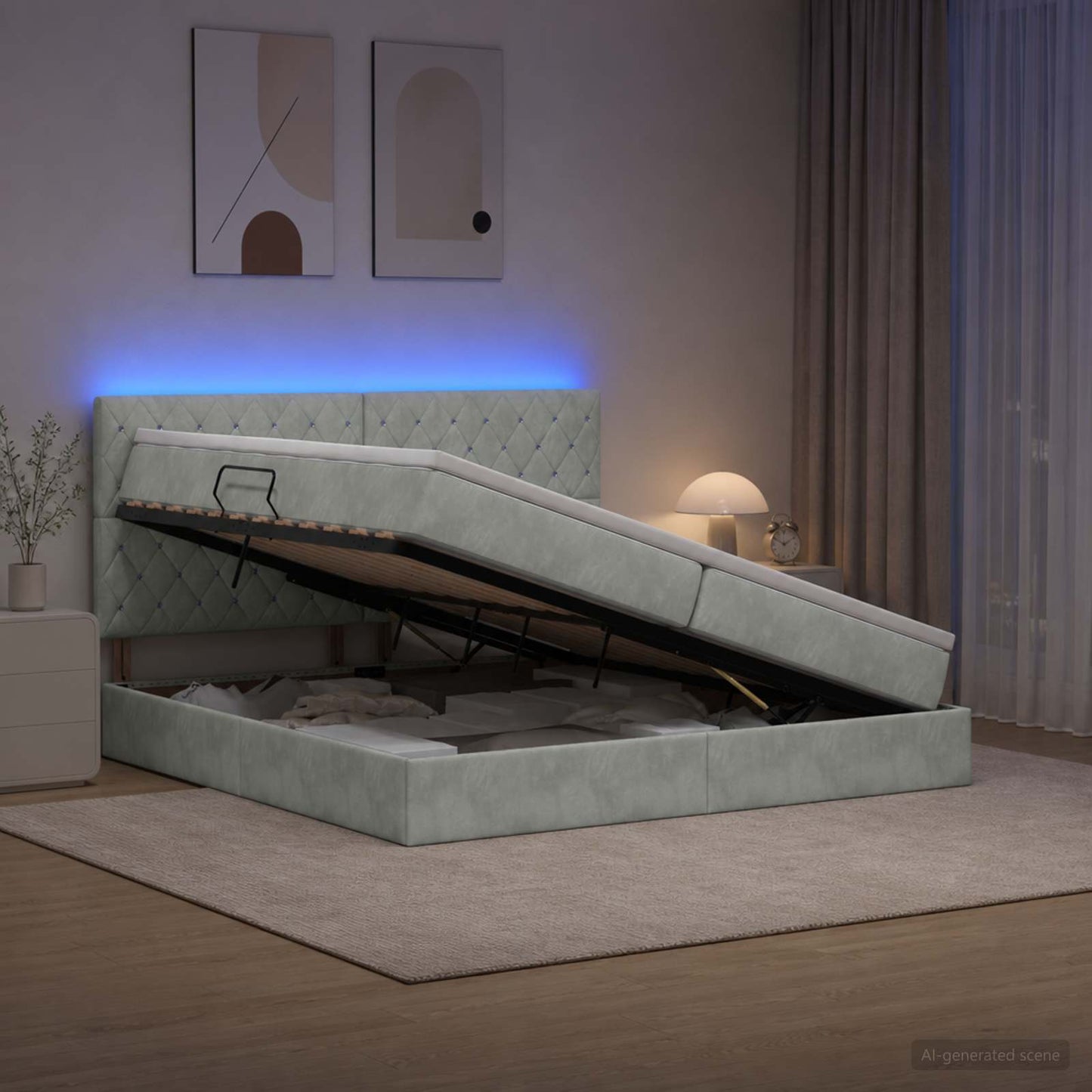 LED tárolós ágy matraccal Világosszürke 200 x 200 cm Bársony