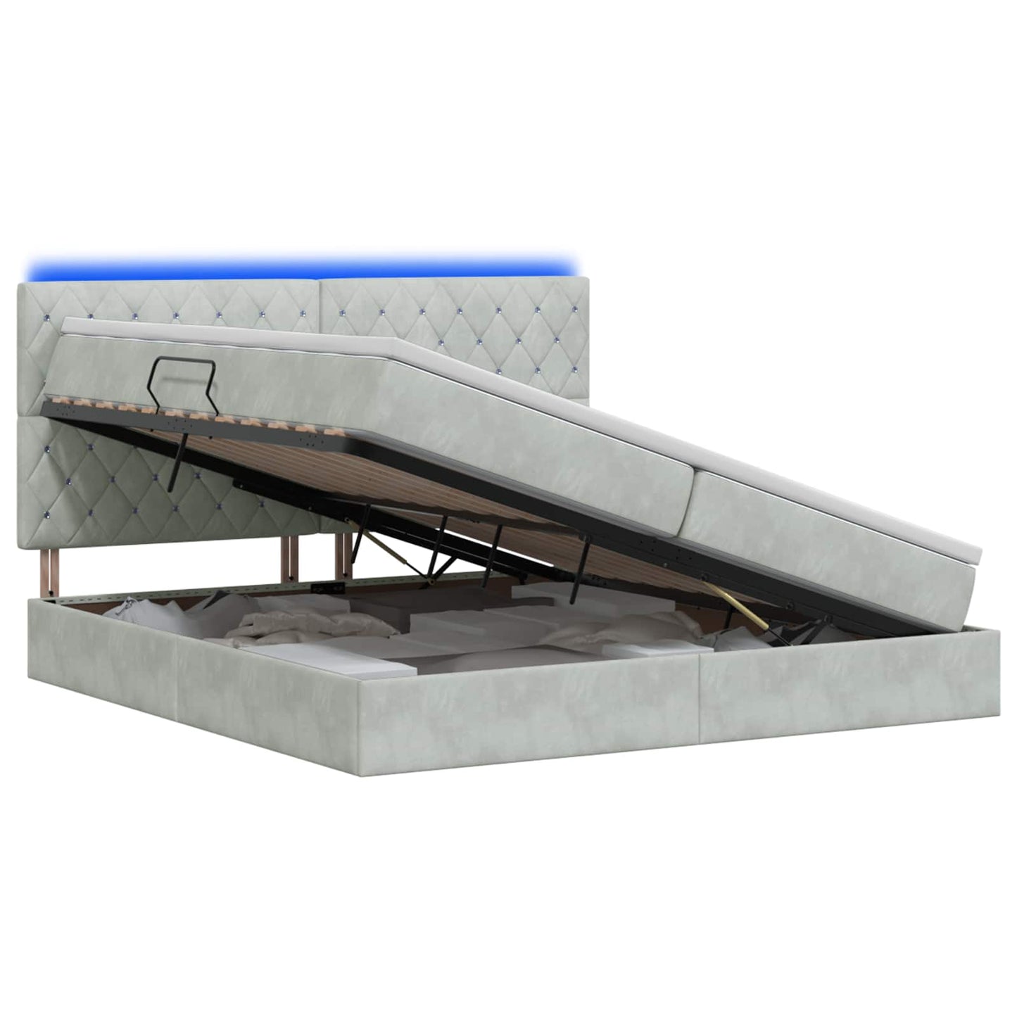 LED tárolós ágy matraccal Világosszürke 200 x 200 cm Bársony