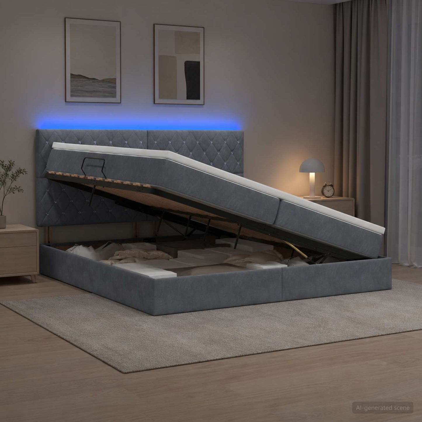 LED tárolós ágy matraccal Sötétszürke 200 x 200 cm Bársony