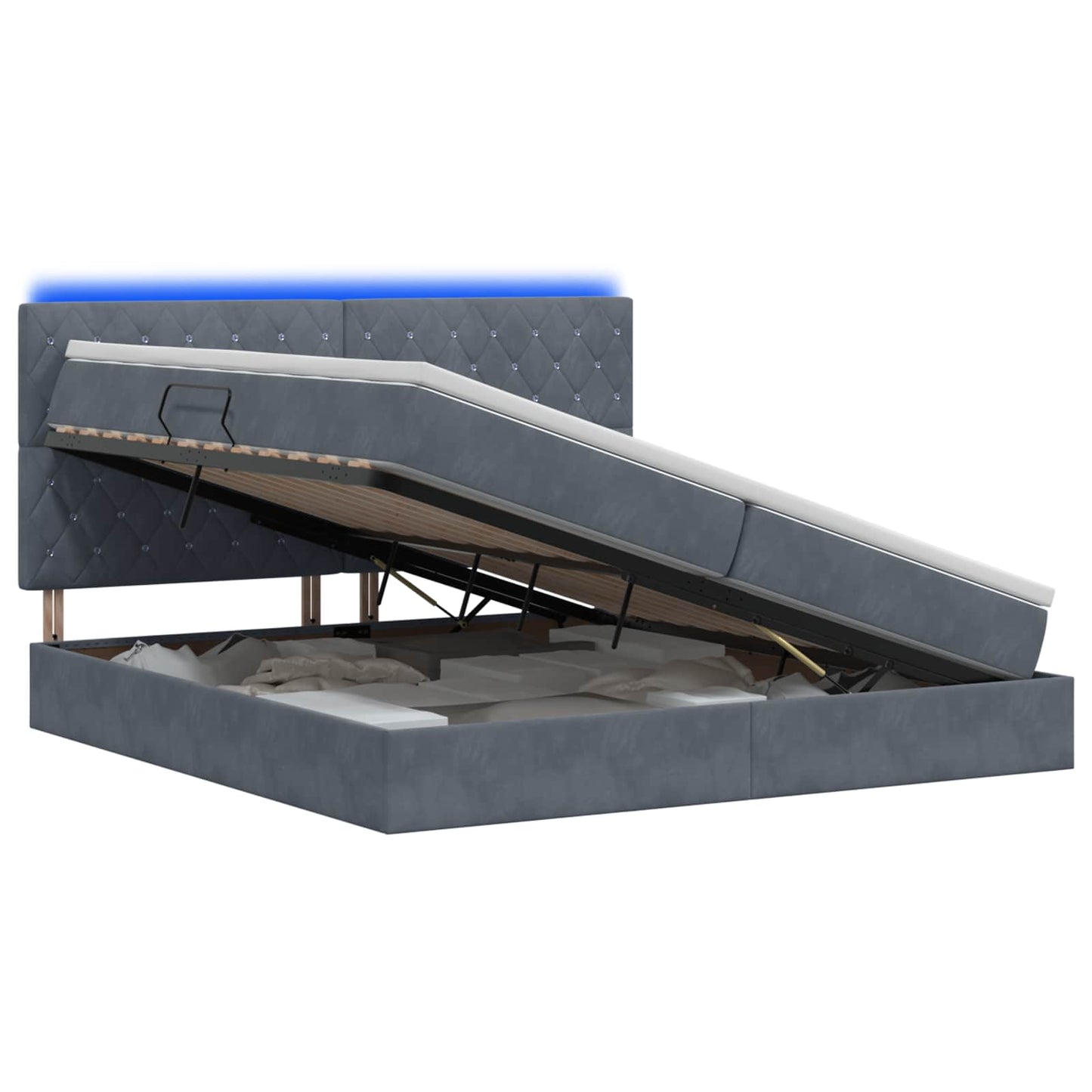LED tárolós ágy matraccal Sötétszürke 200 x 200 cm Bársony