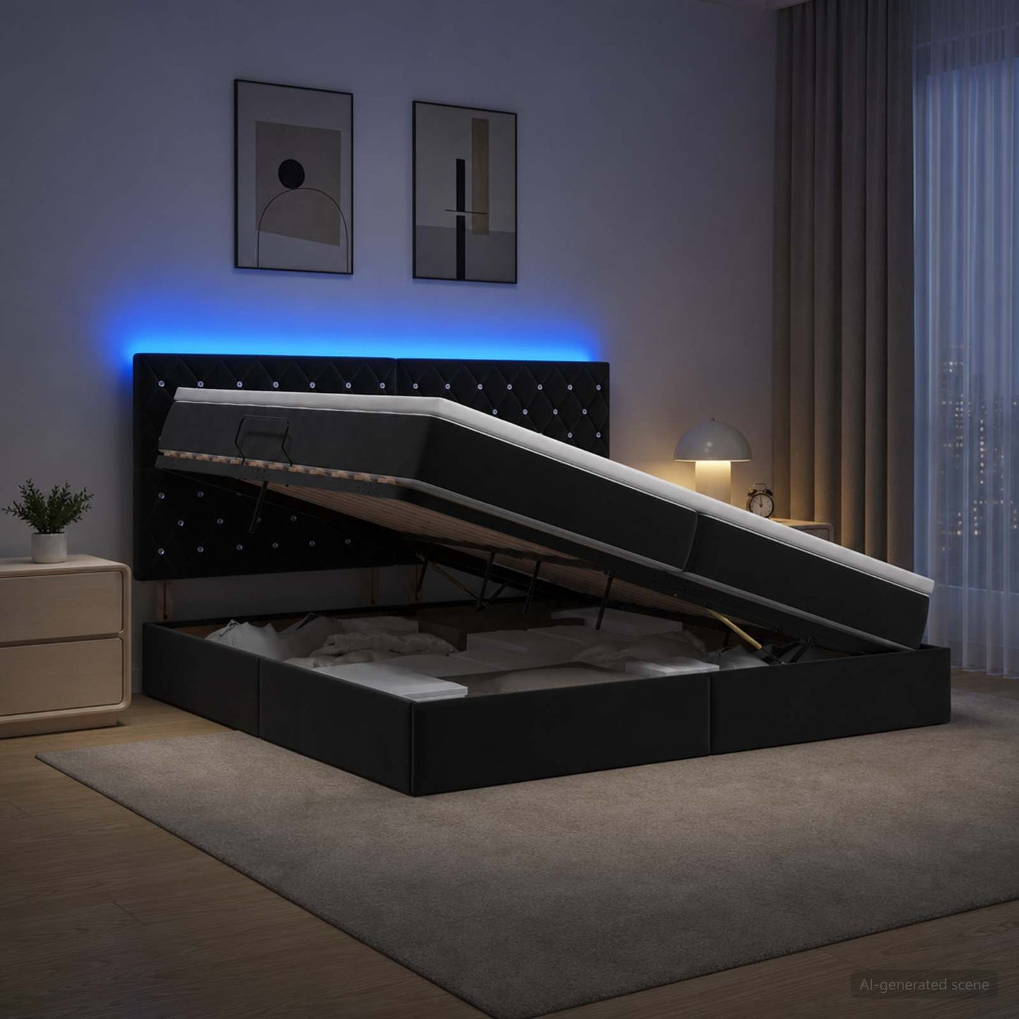 LED tárolós ágy matraccal Fekete 200 x 200 cm Bársony