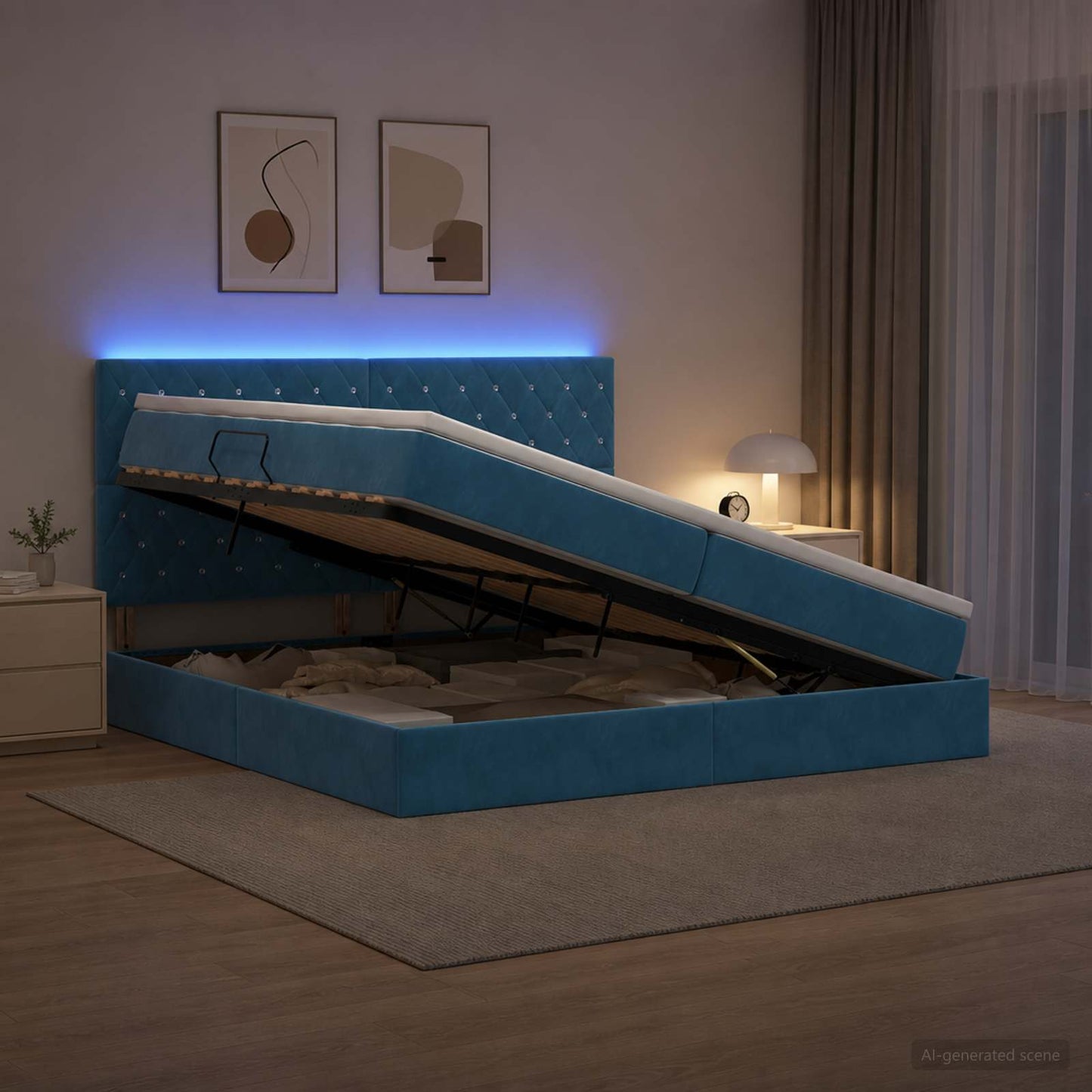 LED tárolós ágy matraccal Sötét kék 200 x 200 cm Bársony
