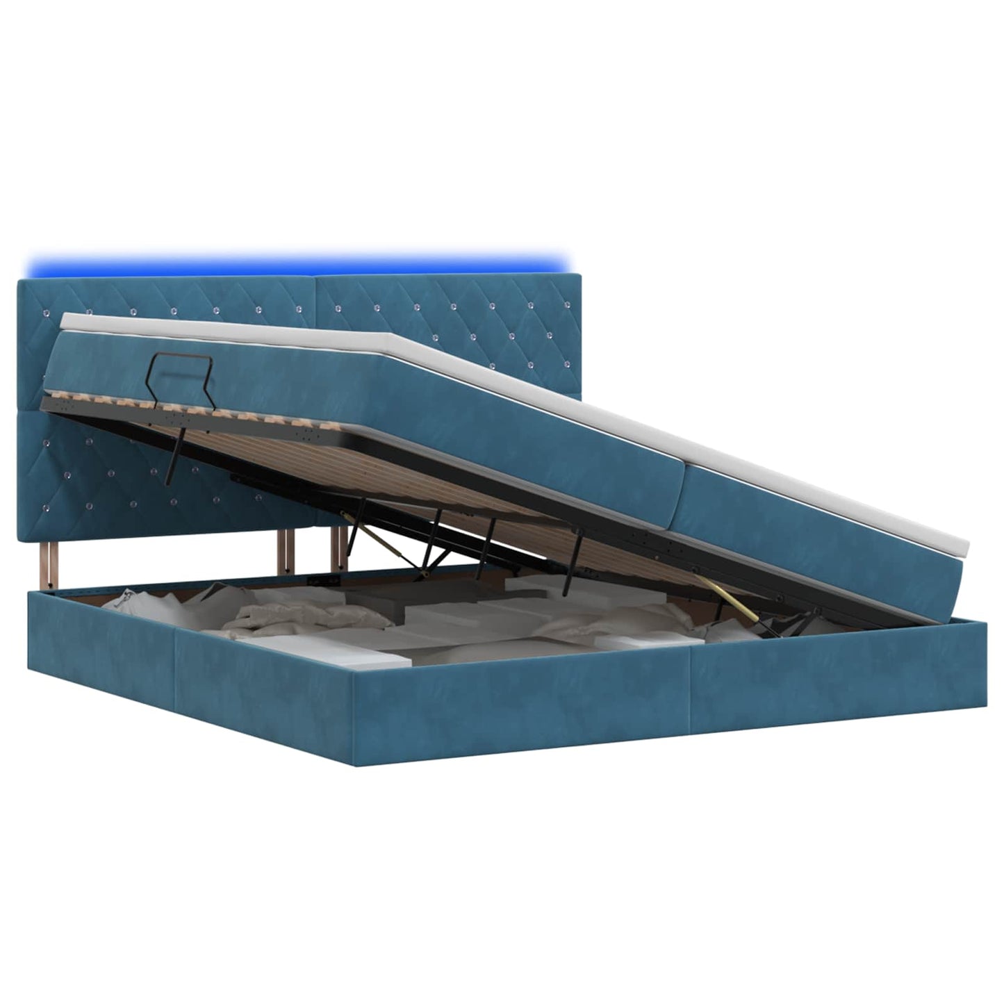 LED tárolós ágy matraccal Sötét kék 200 x 200 cm Bársony