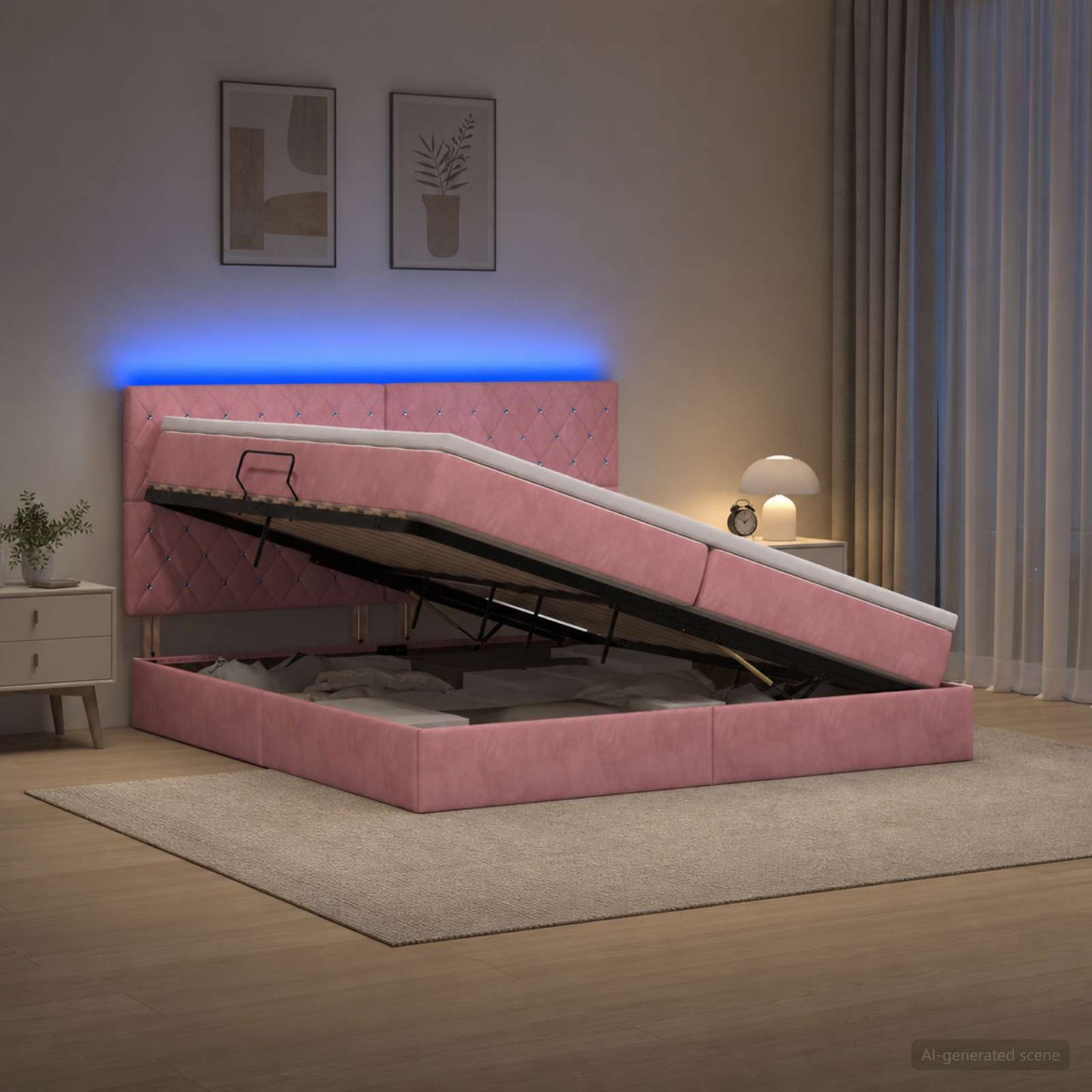 LED tárolós ágy matraccal Rózsaszín 200 x 200 cm Bársony