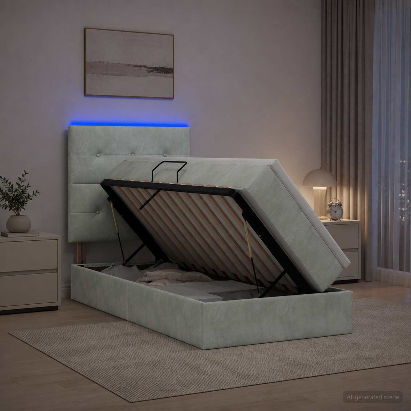 LED tárolós ágy matraccal Világosszürke 100 x 200 cm Bársony