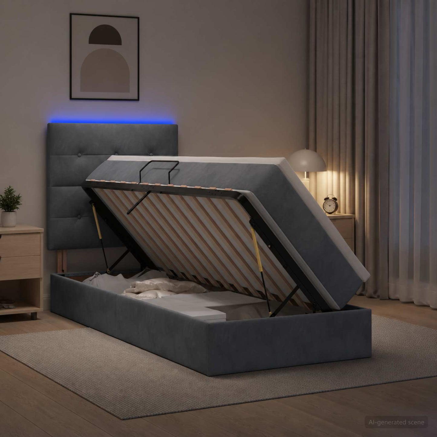 LED tárolós ágy matraccal Sötétszürke 90 x 190 cm Bársony