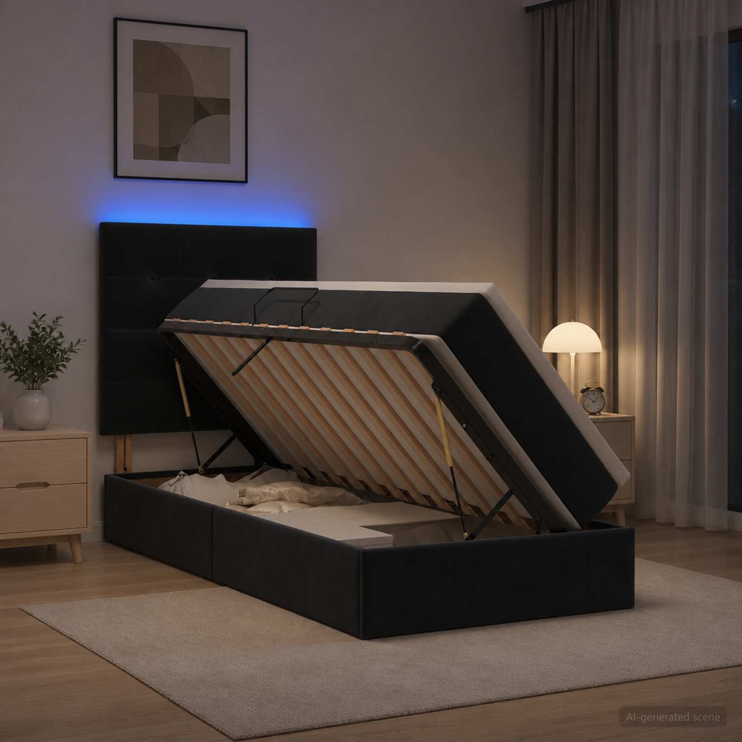 LED tárolós ágy matraccal Fekete 100 x 200 cm Bársony