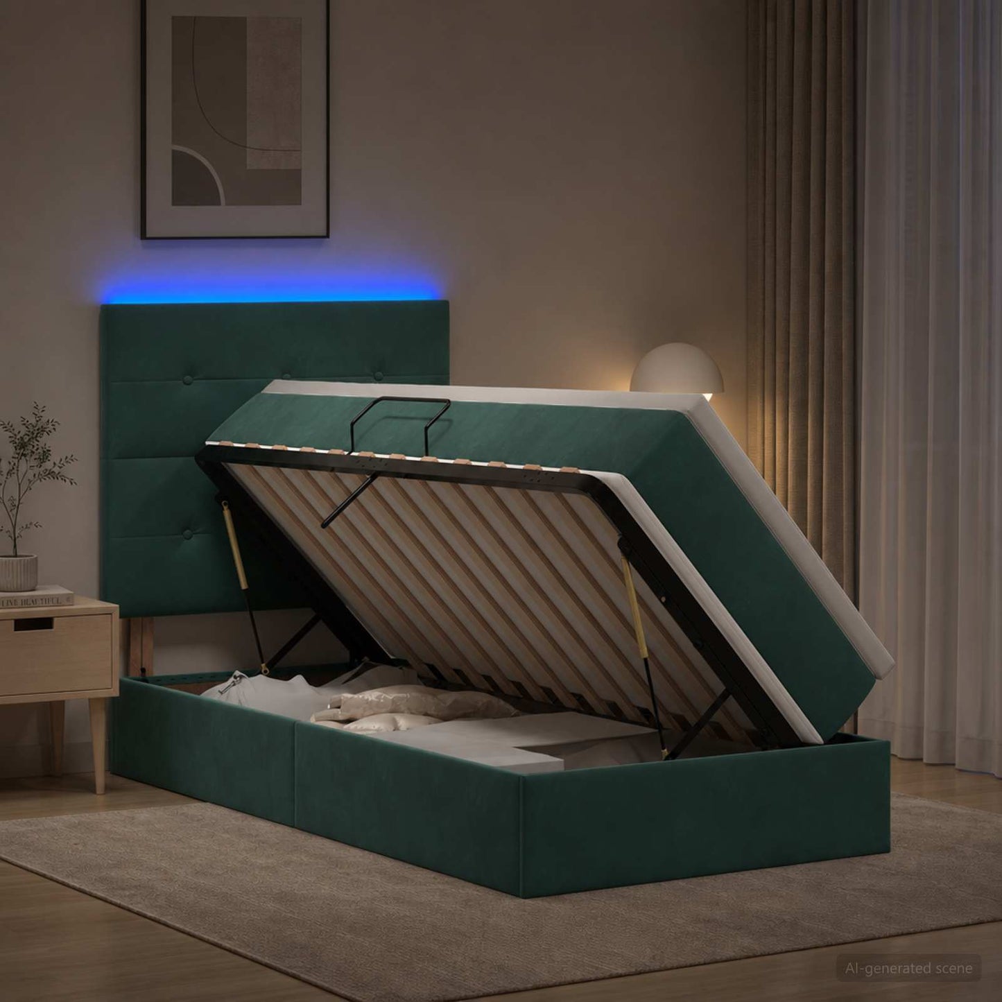LED tárolós ágy matraccal Sötétzöld 100 x 200 cm Bársony
