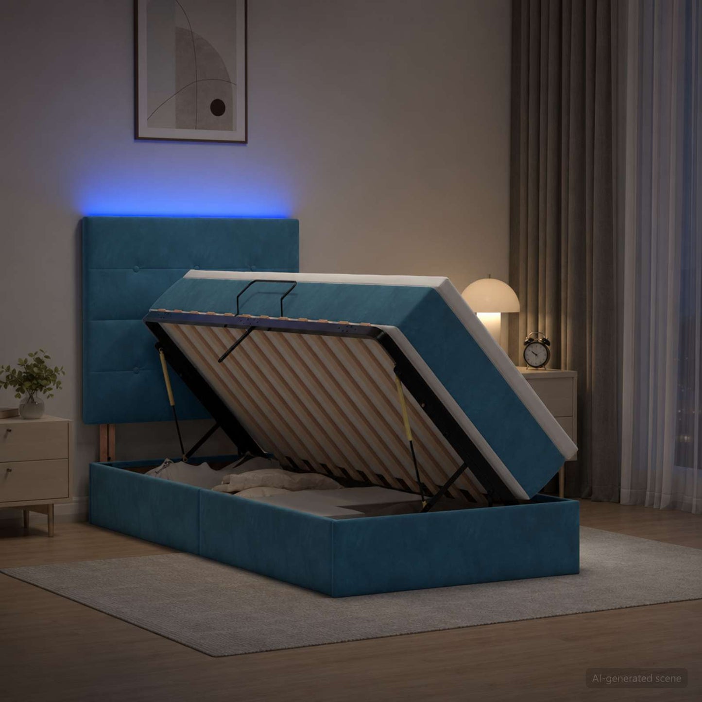LED tárolós ágy matraccal Sötét kék 90 x 190 cm Bársony