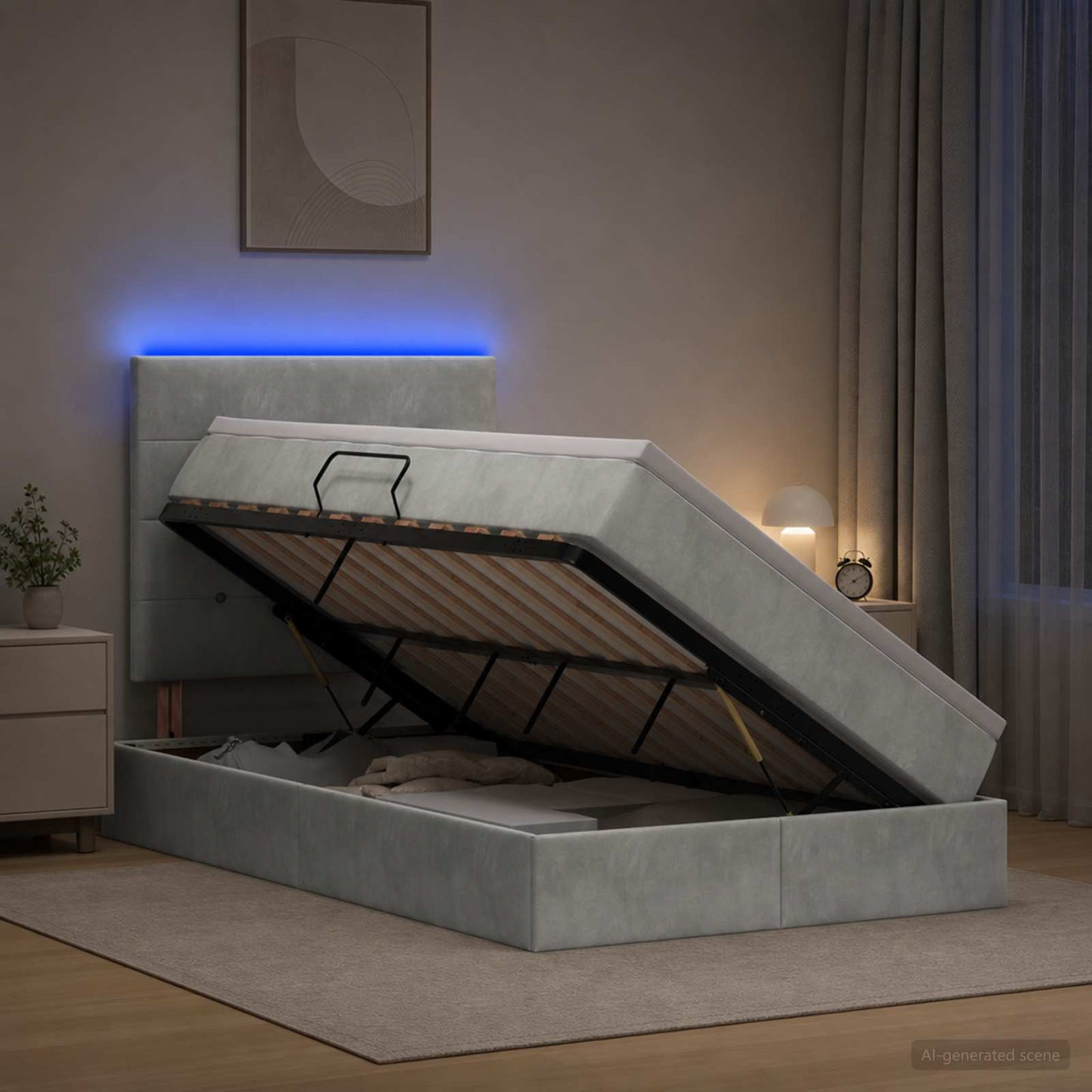 LED tárolós ágy matraccal Világosszürke 120 x 200 cm Bársony