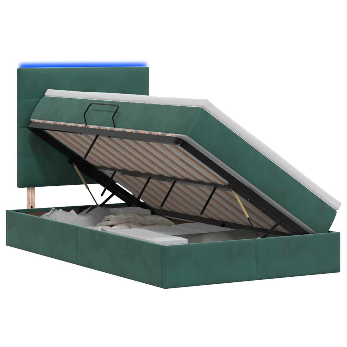 LED tárolós ágy matraccal Sötétzöld 120 x 190 cm Bársony
