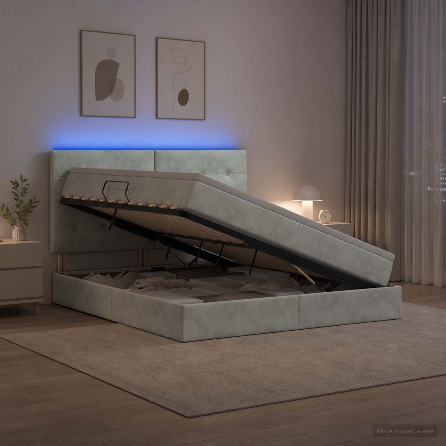 LED tárolós ágy matraccal Világosszürke 160 x 200 cm Bársony