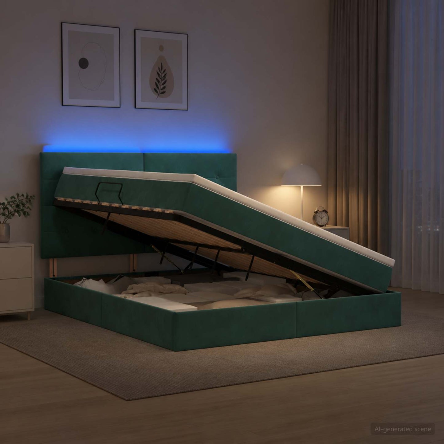 LED tárolós ágy matraccal Sötétzöld 160 x 200 cm Bársony