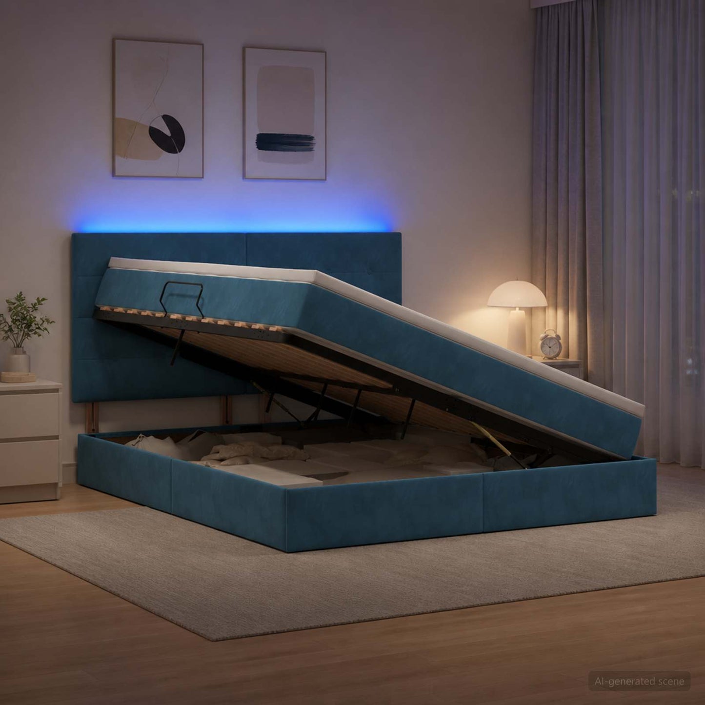 LED tárolós ágy matraccal Sötét kék 160 x 200 cm Bársony
