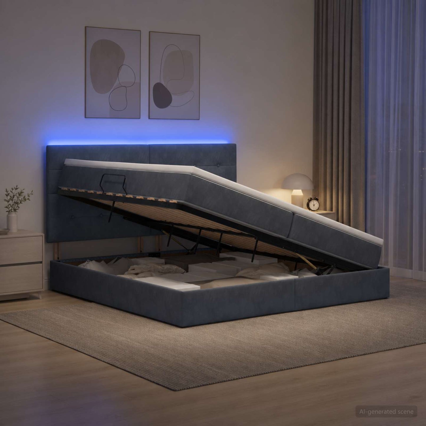 LED tárolós ágy matraccal Sötétszürke 200 x 200 cm Bársony
