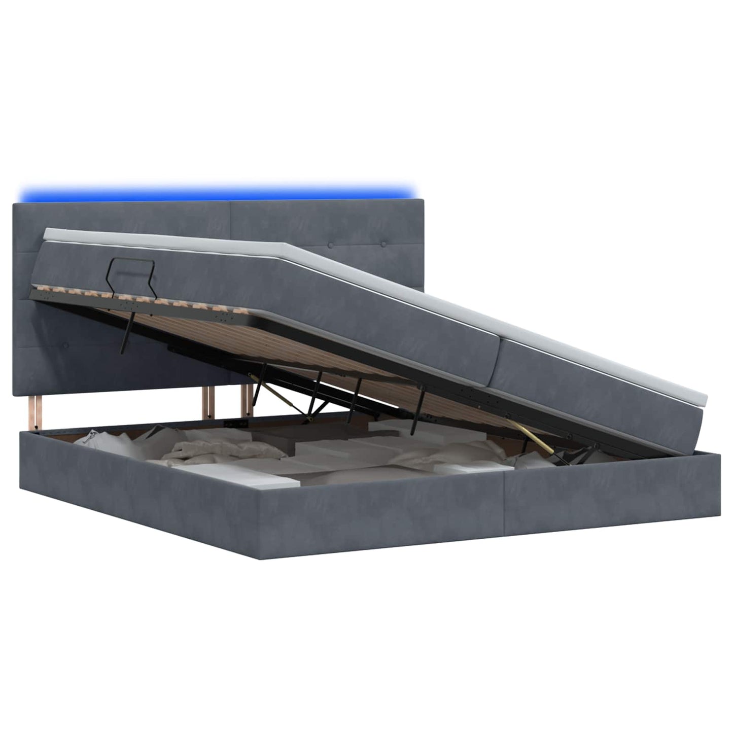 LED tárolós ágy matraccal Sötétszürke 200 x 200 cm Bársony