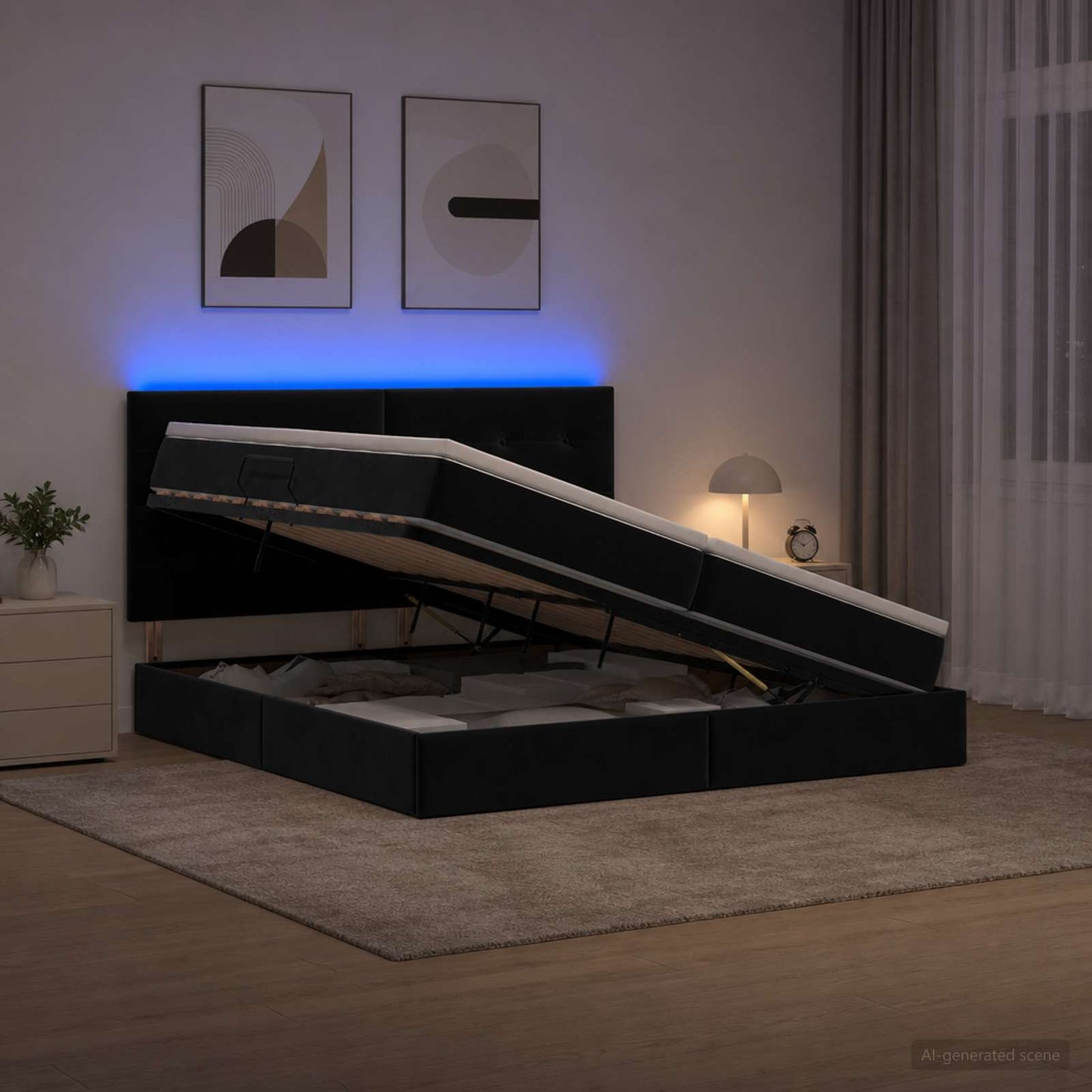 LED tárolós ágy matraccal Fekete 200 x 200 cm Bársony