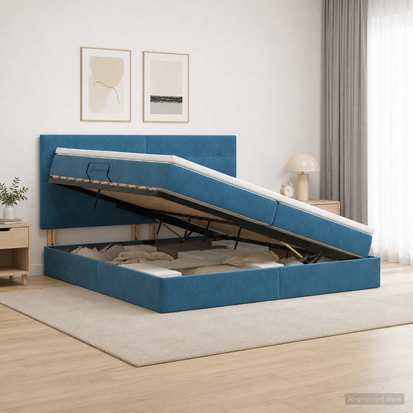 Ágy tárolóval és matraccal Sötét kék 200 x 200 cm Bársony