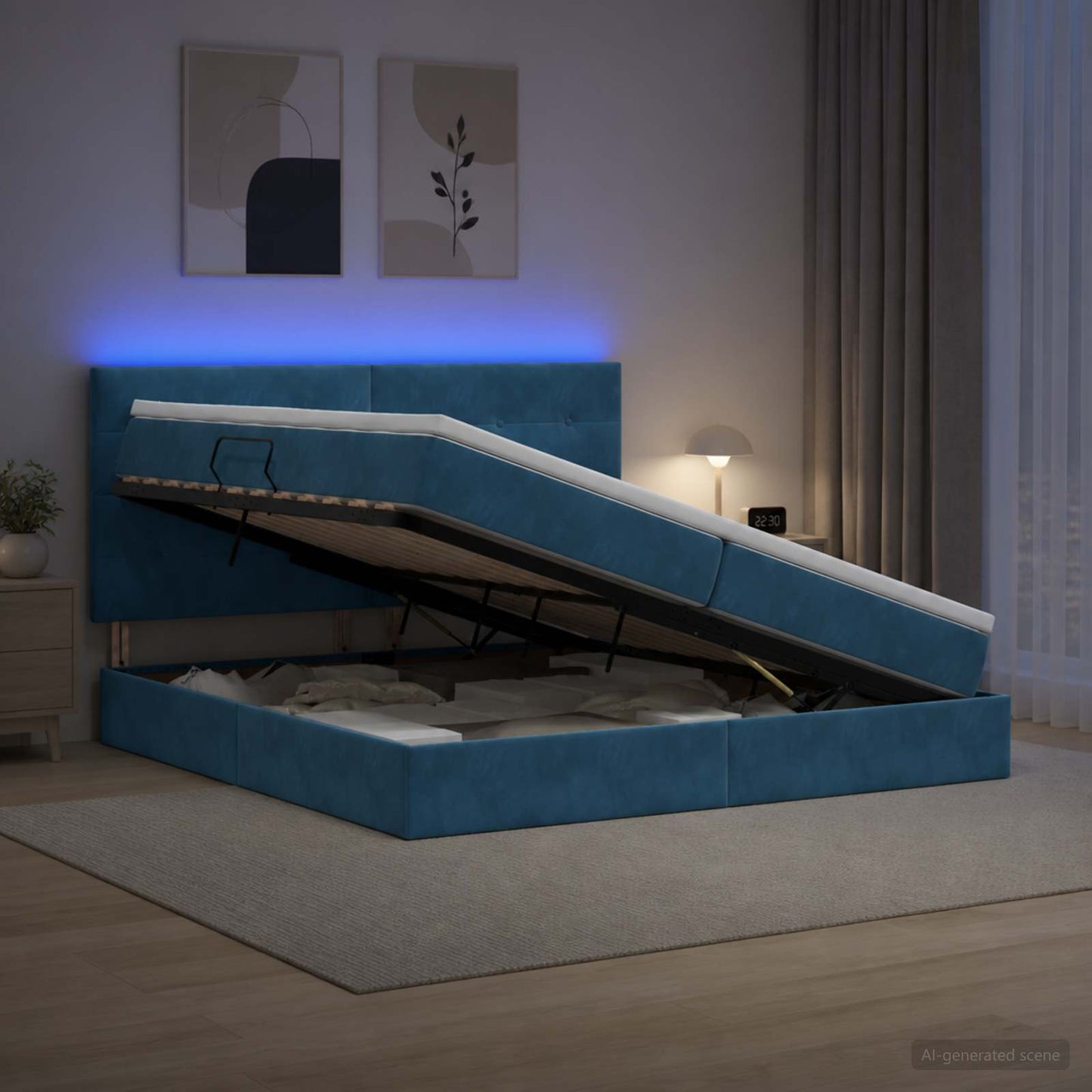LED tárolós ágy matraccal Sötét kék 200 x 200 cm Bársony
