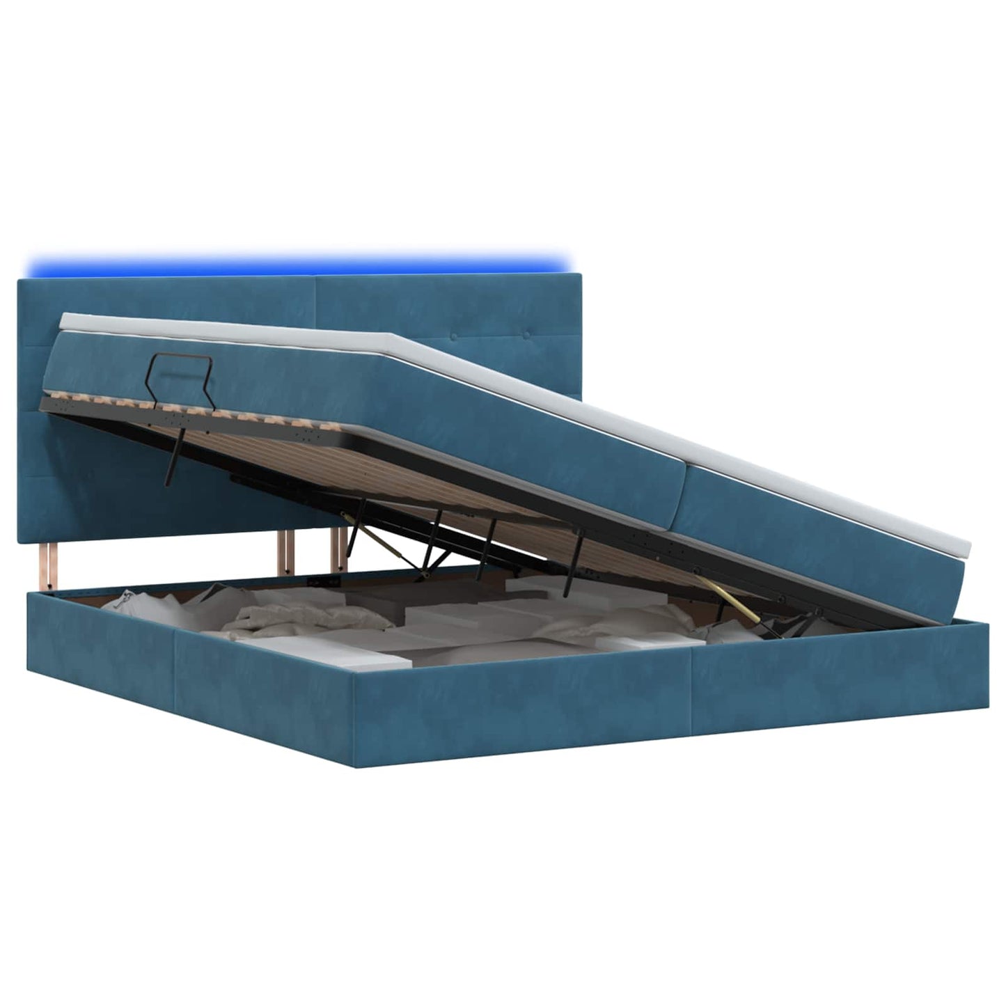 LED tárolós ágy matraccal Sötét kék 200 x 200 cm Bársony