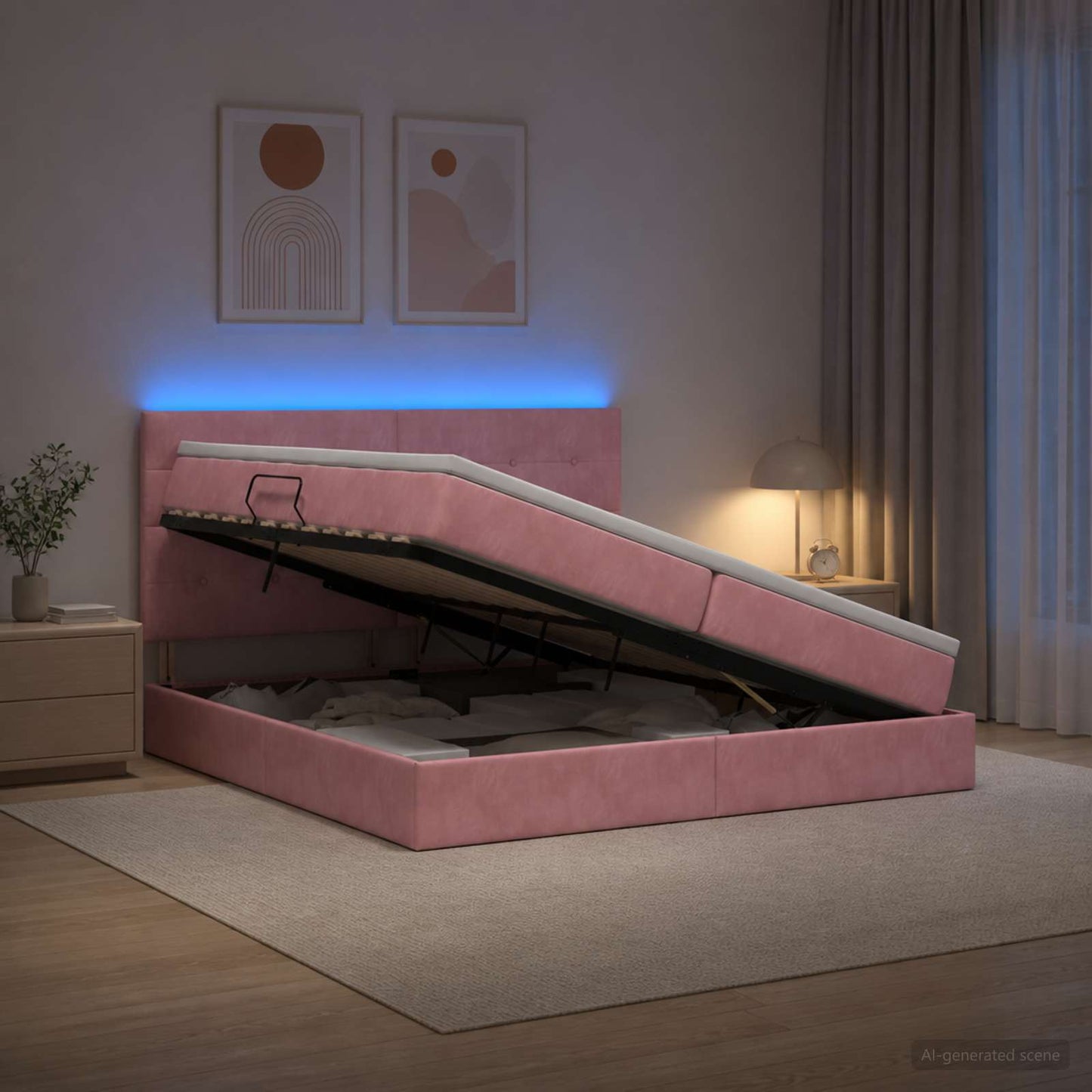 LED tárolós ágy matraccal Rózsaszín 200 x 200 cm Bársony