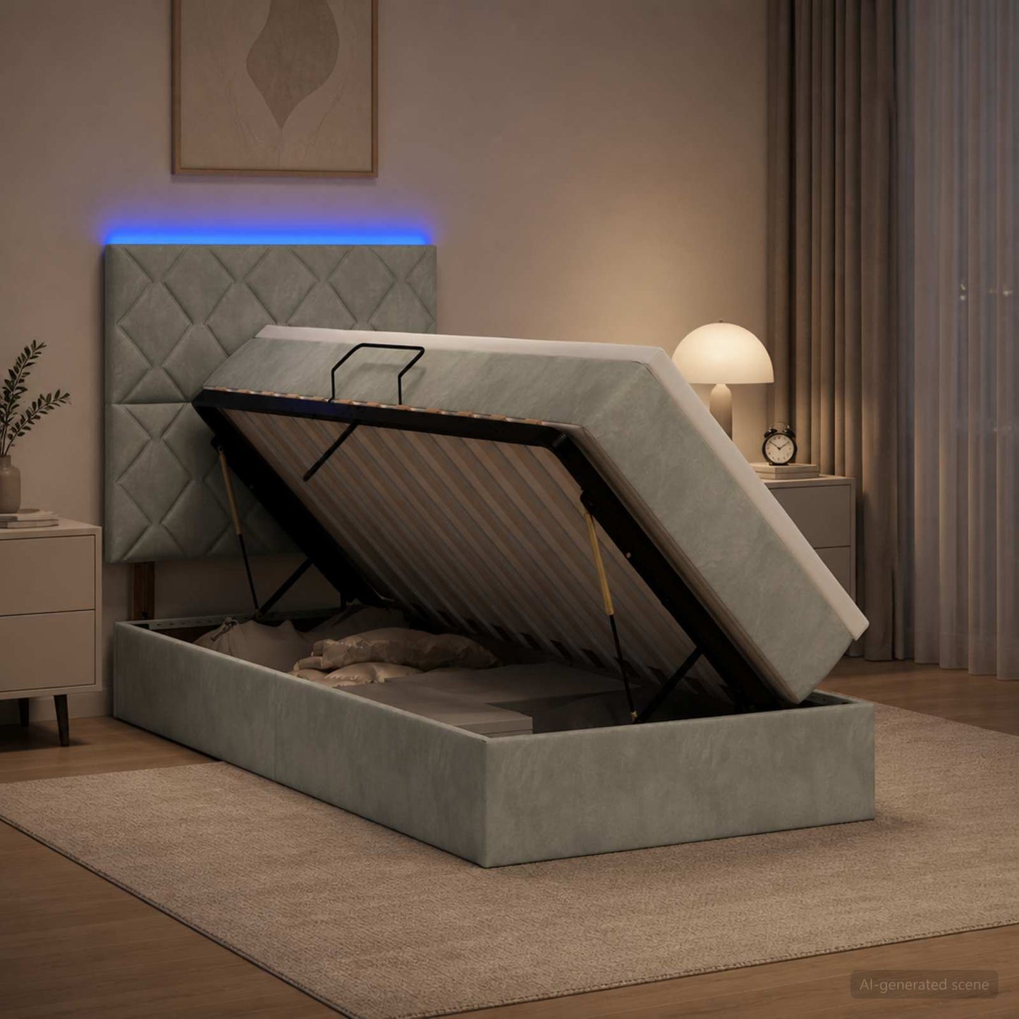 LED tárolós ágy matraccal Világosszürke 90 x 200 cm Bársony