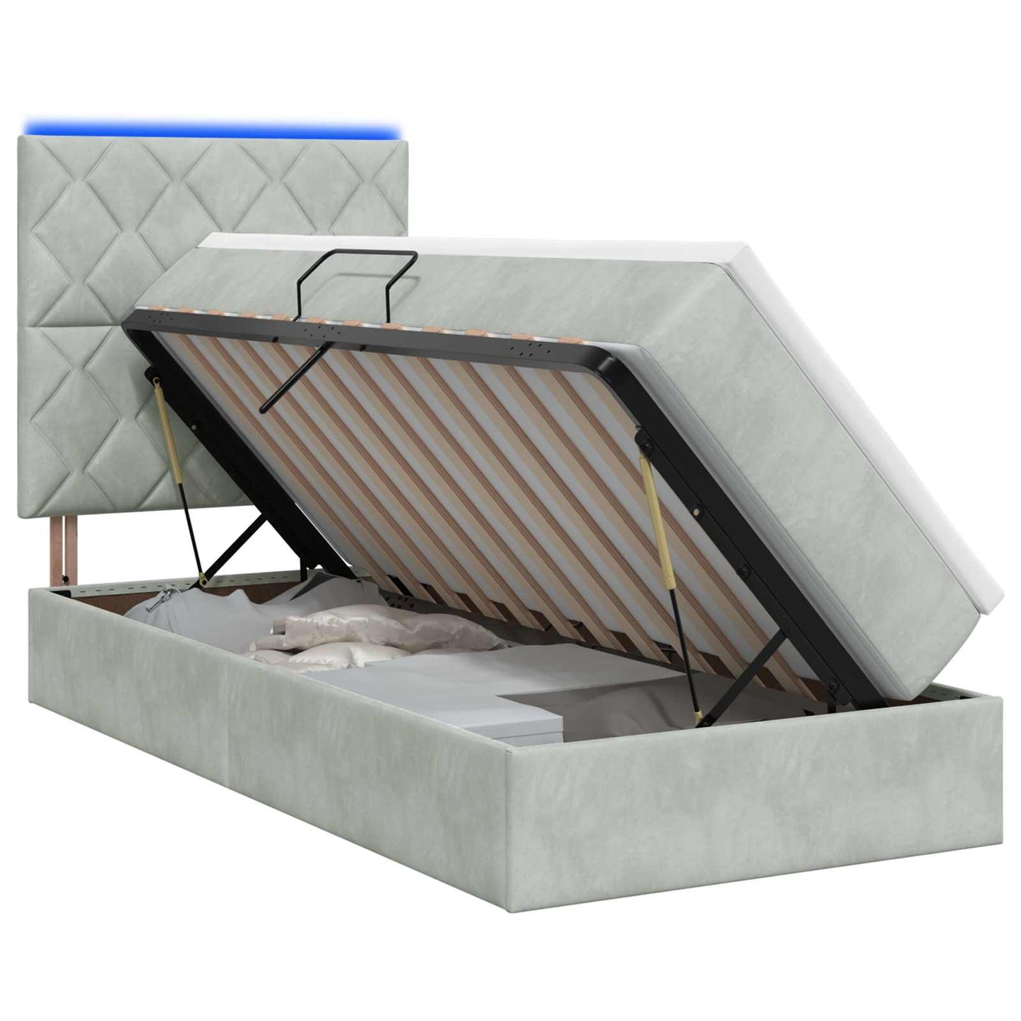 LED tárolós ágy matraccal Világosszürke 90 x 190 cm Bársony