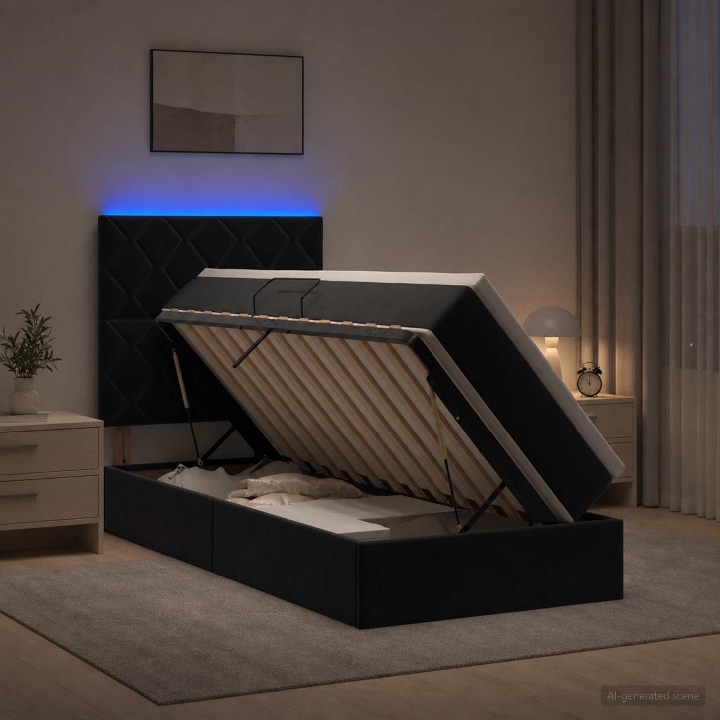 LED tárolós ágy matraccal Fekete 100 x 200 cm Bársony