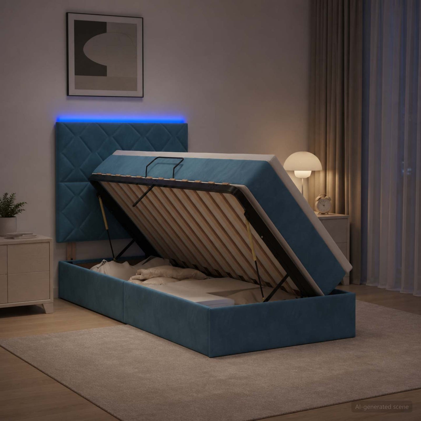 LED tárolós ágy matraccal Sötét kék 100 x 200 cm Bársony
