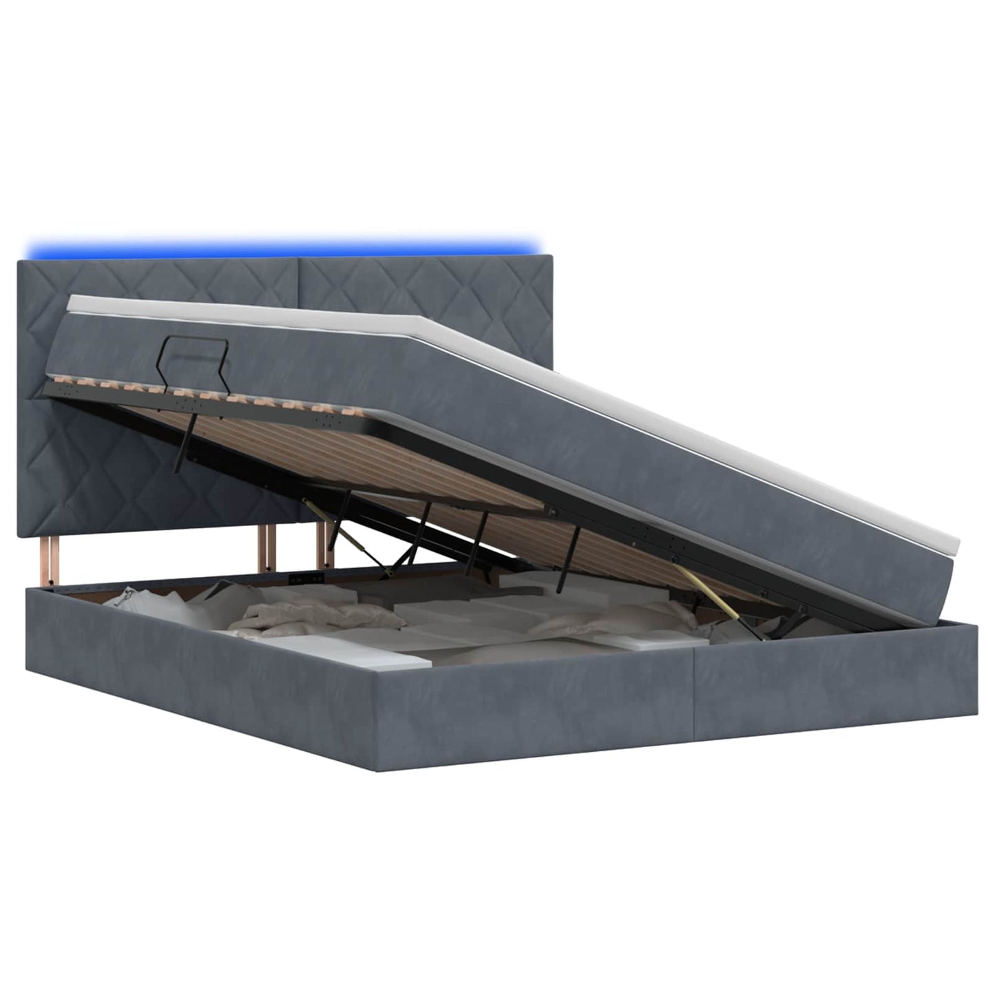 LED tárolós ágy matraccal Sötétszürke 140 x 190 cm Bársony