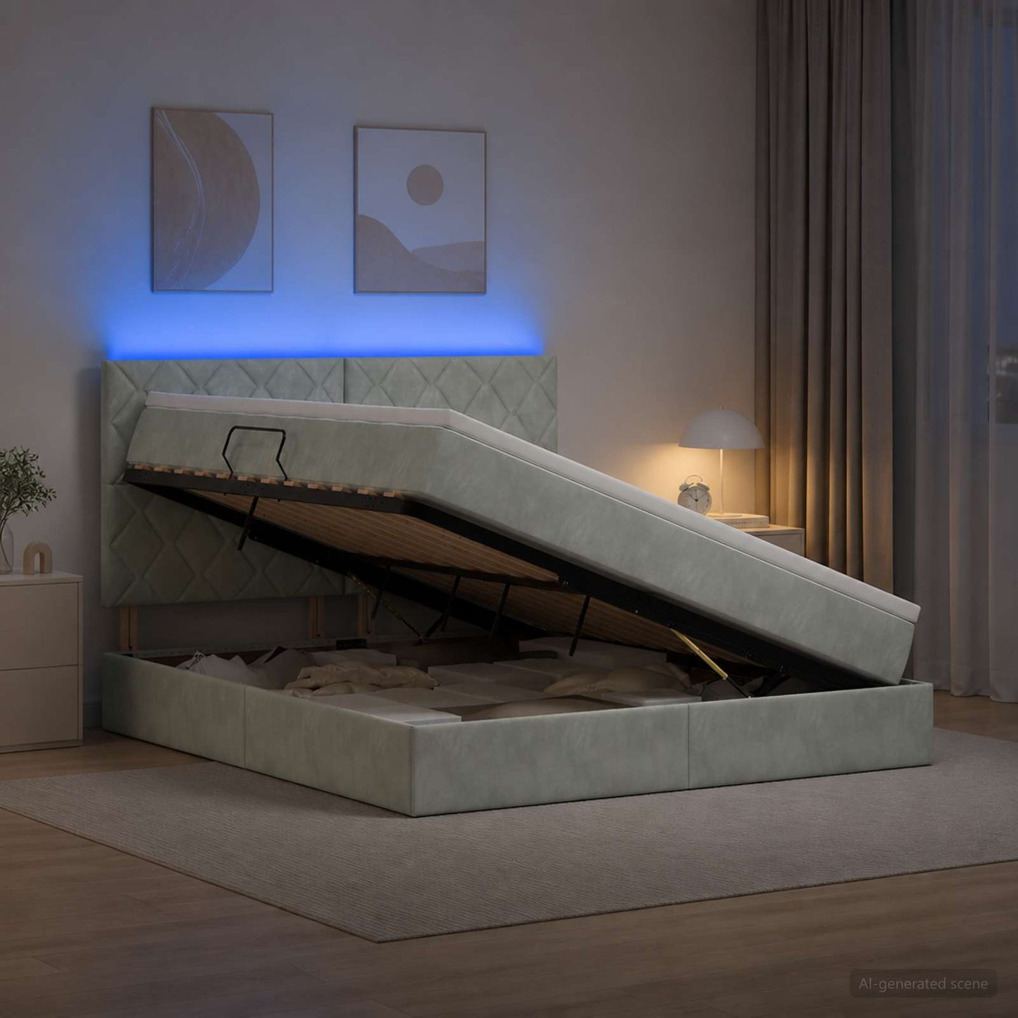 LED tárolós ágy matraccal Világosszürke 140 x 190 cm Bársony