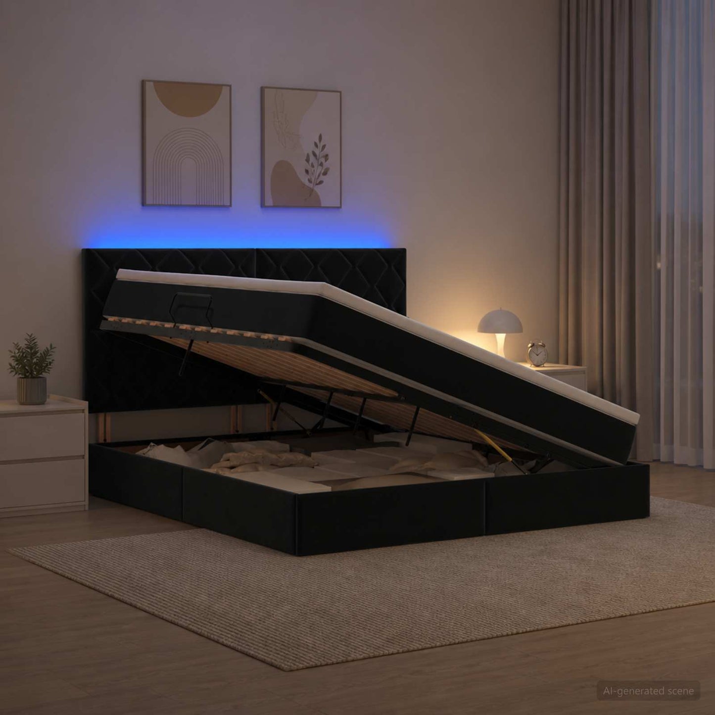 LED tárolós ágy matraccal Fekete 180 x 200 cm Bársony