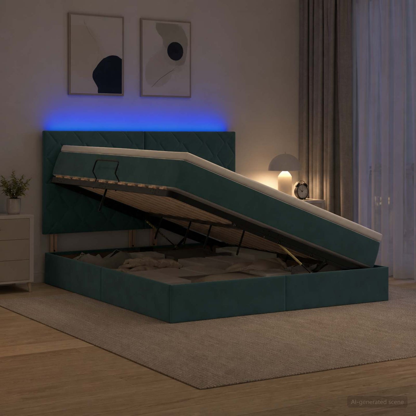 LED tárolós ágy matraccal Sötétzöld 140 x 200 cm Bársony