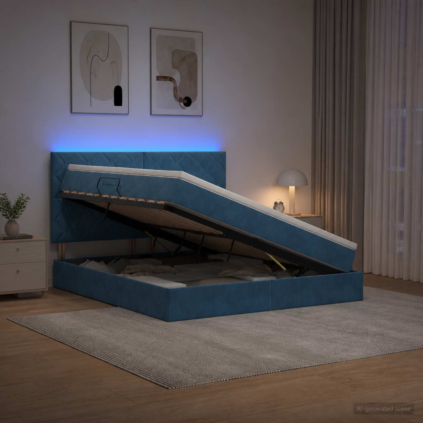 LED tárolós ágy matraccal Sötét kék 180 x 200 cm Bársony