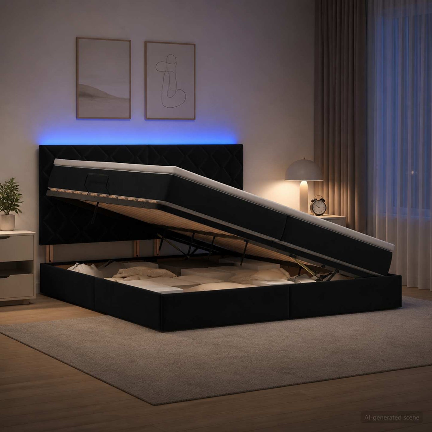 LED tárolós ágy matraccal Fekete 200 x 200 cm Bársony