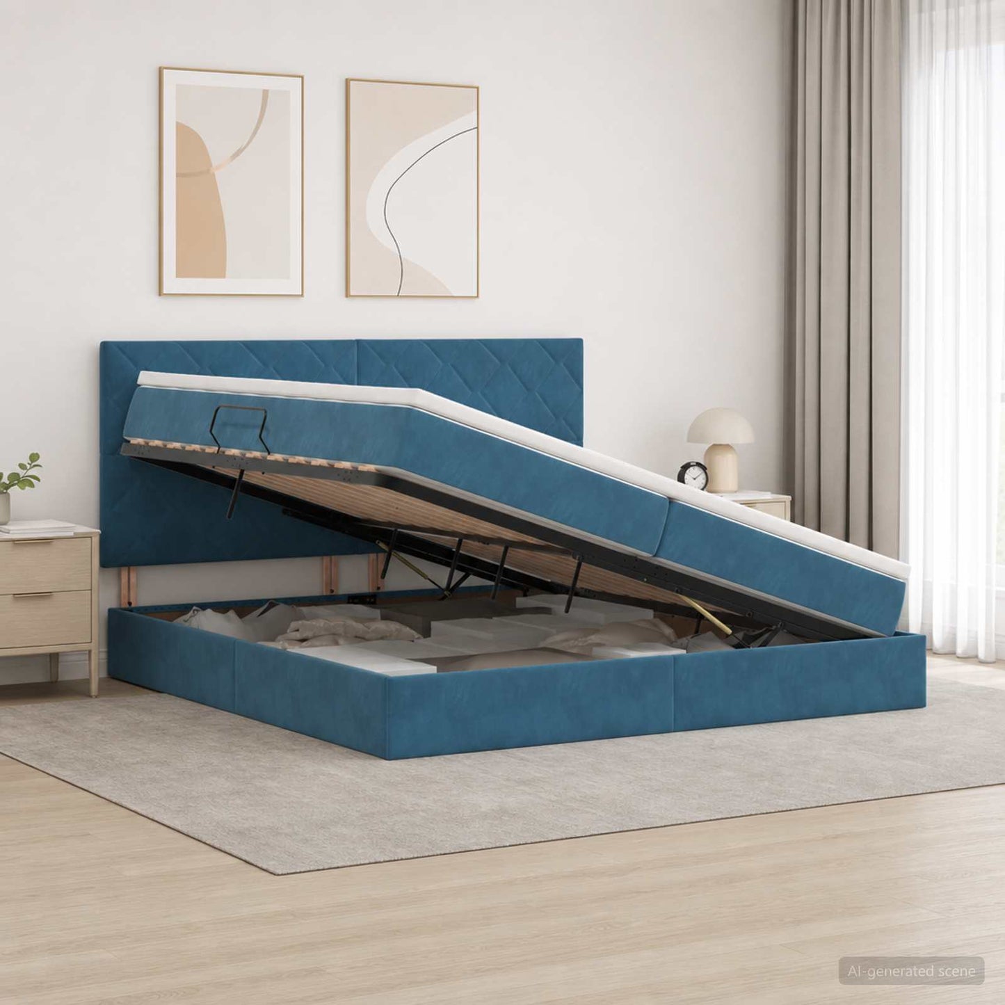 LED tárolós ágy matraccal Sötét kék 200 x 200 cm Bársony
