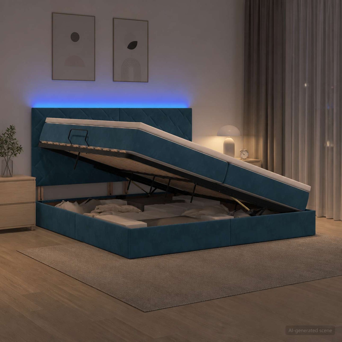 LED tárolós ágy matraccal Sötét kék 200 x 200 cm Bársony