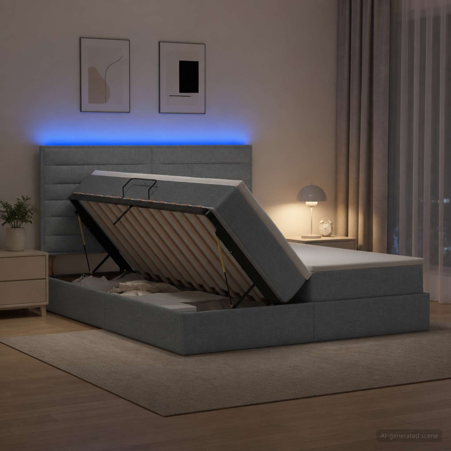 LED tárolós ágy matraccal Világosszürke 200 x 200 cm Szövet