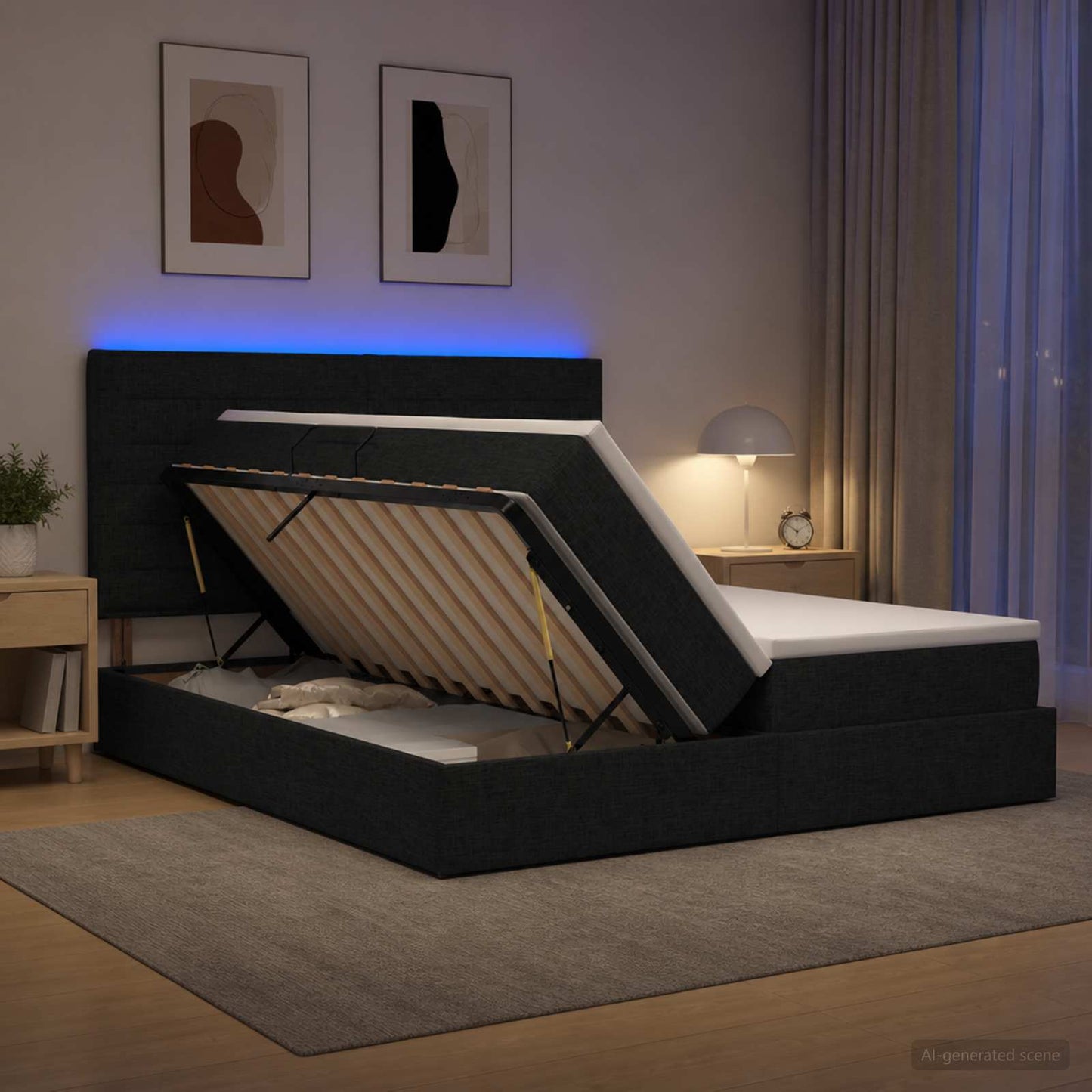 LED tárolós ágy matraccal Fekete 180 x 200 cm Szövet