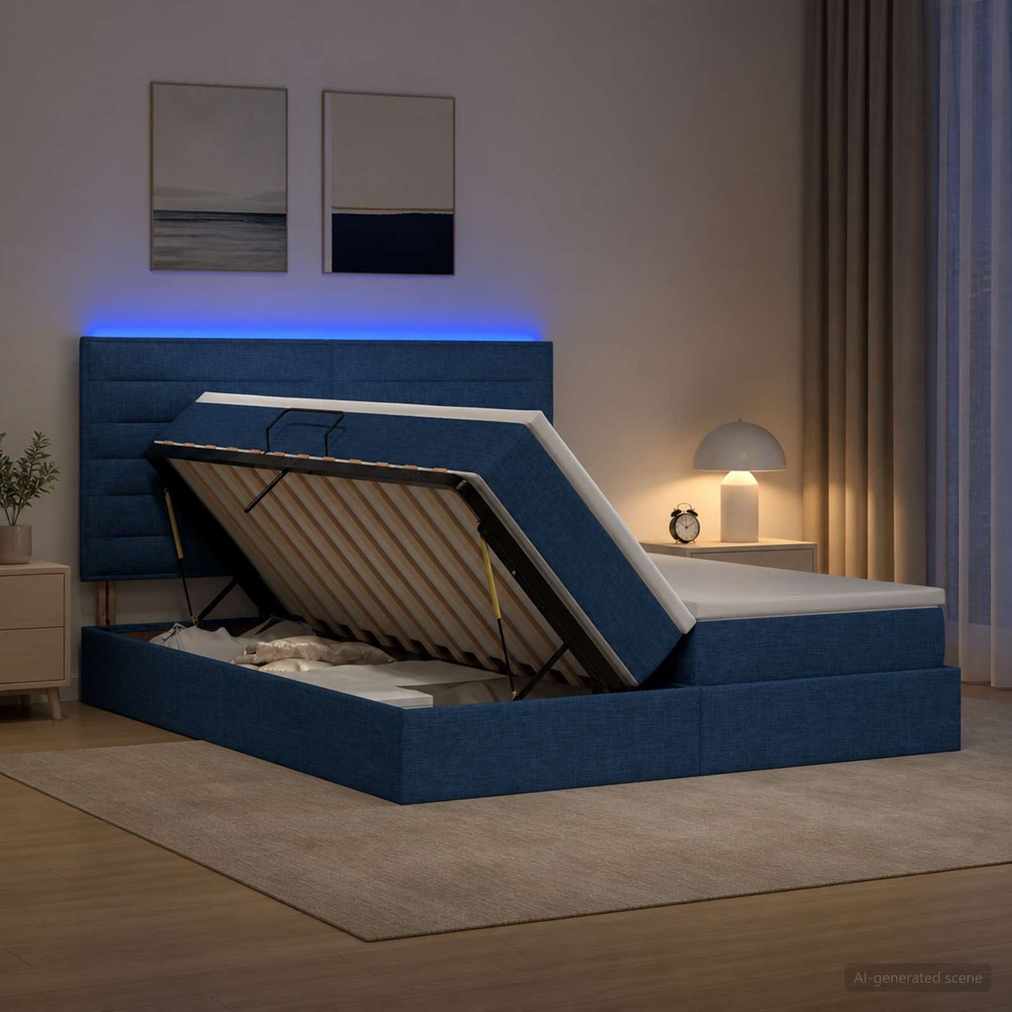 LED tárolós ágy matraccal Kék 180 x 200 cm Szövet