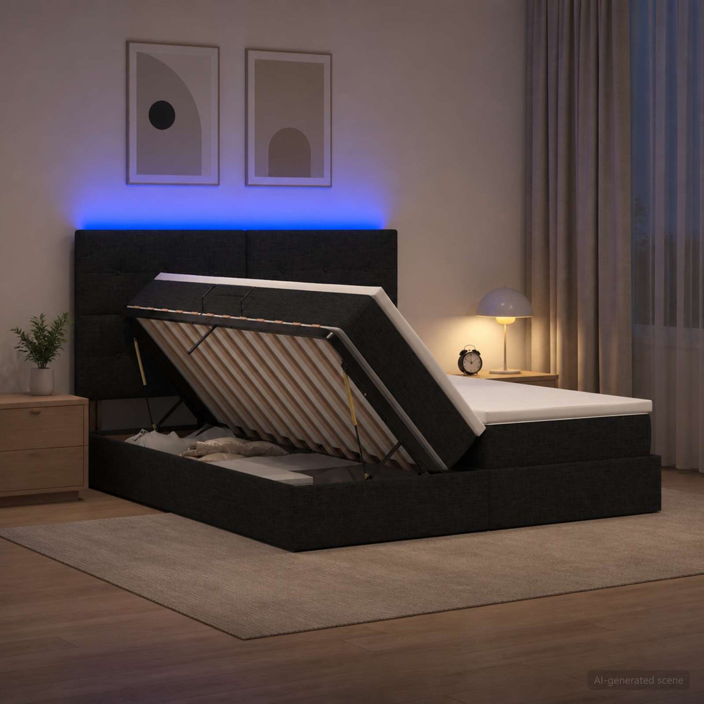 LED tárolós ágy matraccal Fekete 200 x 200 cm Szövet
