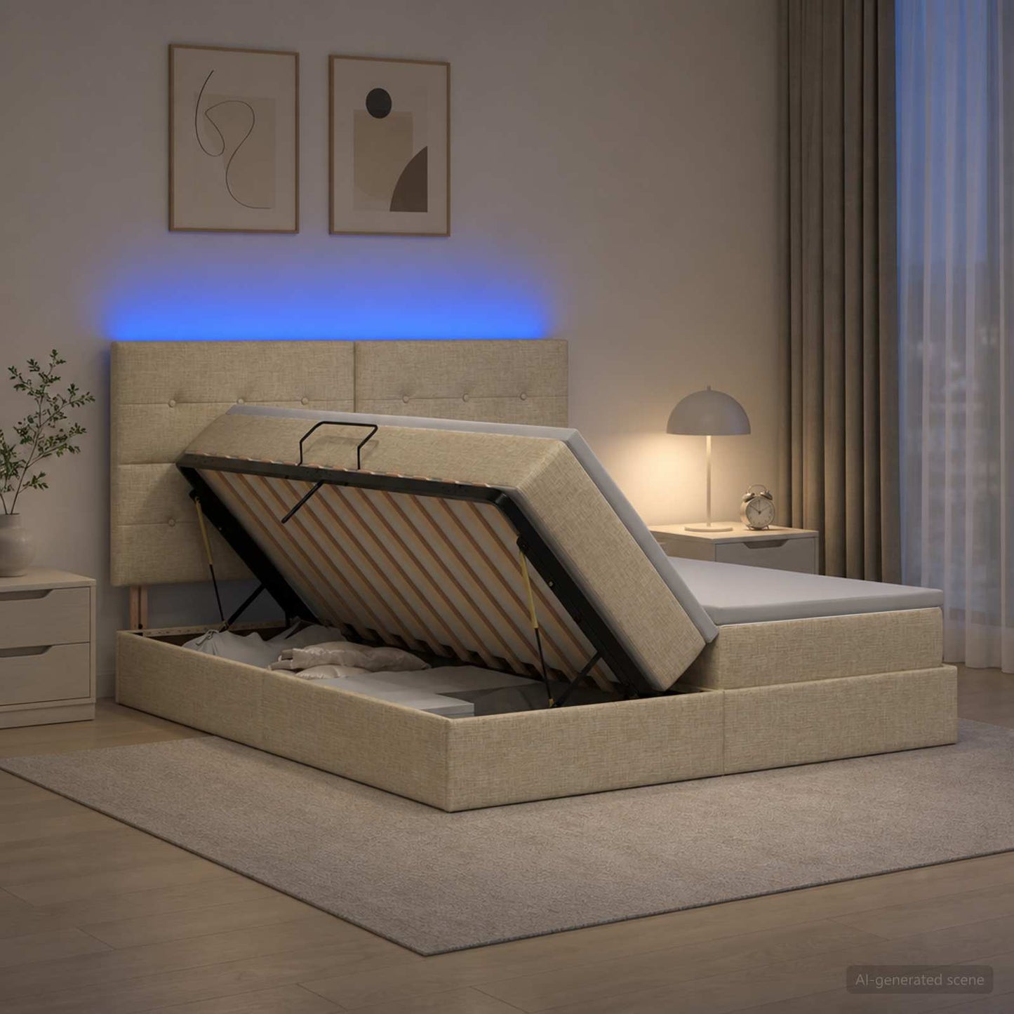 LED tárolós ágy matraccal Krémszínű 180 x 200 cm Szövet