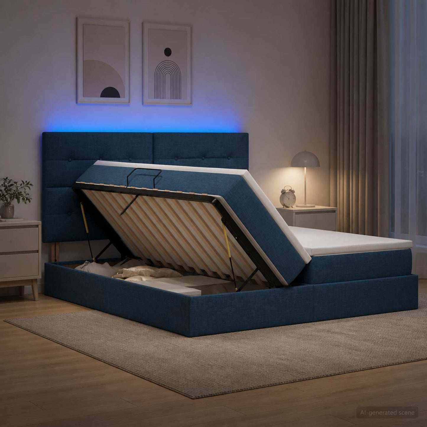 LED tárolós ágy matraccal Kék 180 x 200 cm Szövet