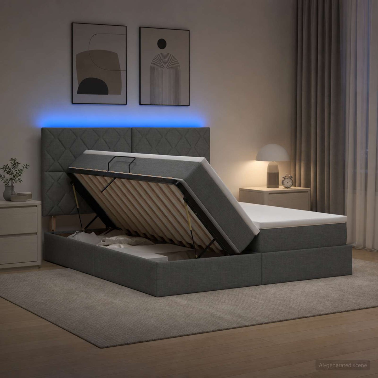 LED tárolós ágy matraccal Sötétszürke 180 x 200 cm Szövet