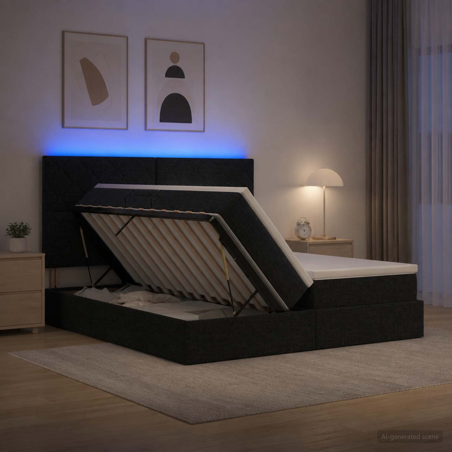 LED tárolós ágy matraccal Fekete 200 x 200 cm Szövet